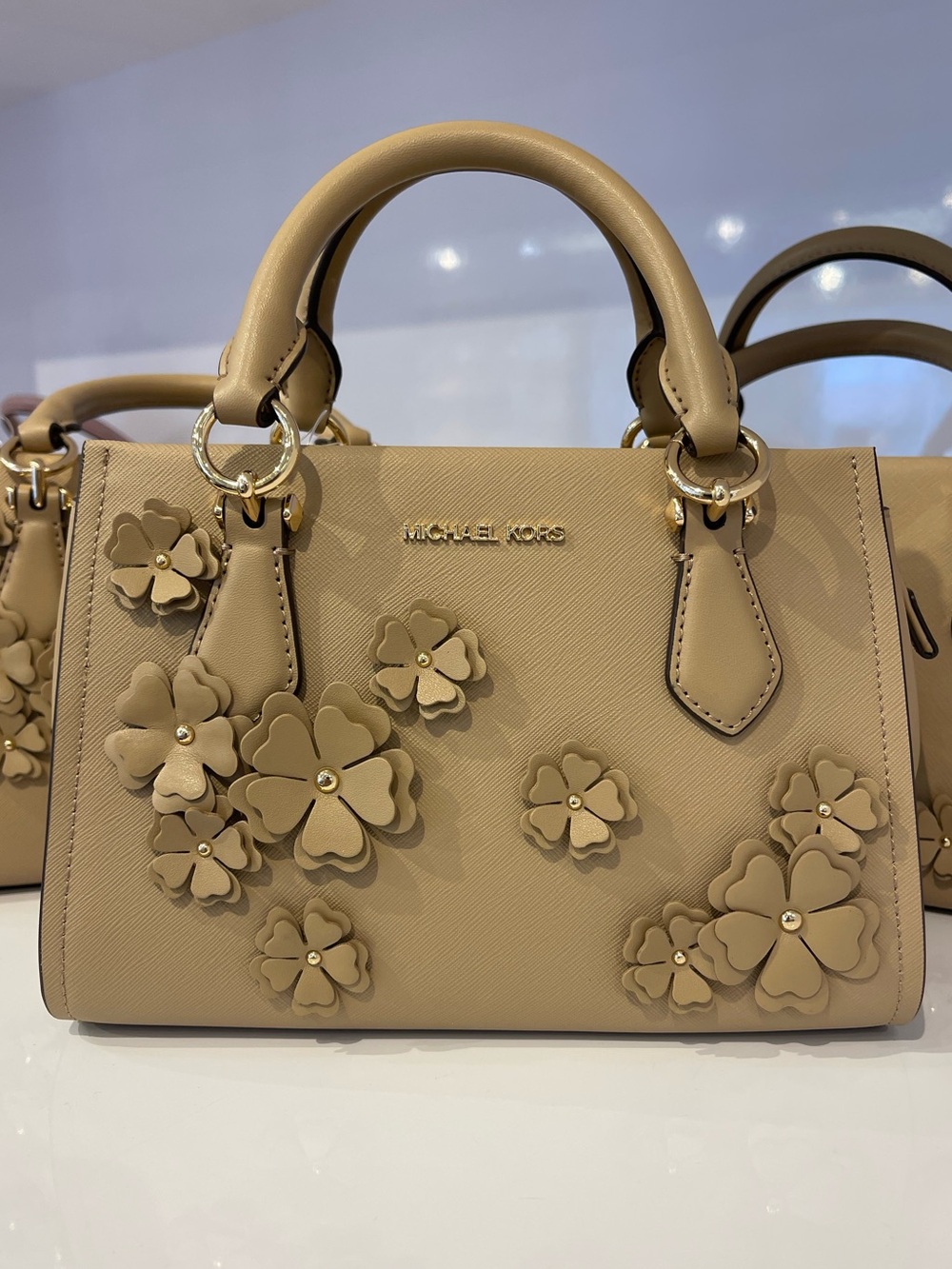 Michael Kors Marilyn Sm Floral Embellished Satchel Messenger Crossbody Camel Nw